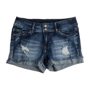 Wax Jean Shorts Women's Medium Denim Blue Cuffed Distressed 2" Inseam Low USA